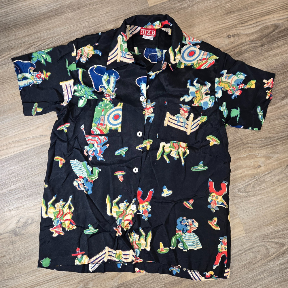 Vintage Retro Cowboy Western Camp Collar Shirt Women's One Size Black AOP